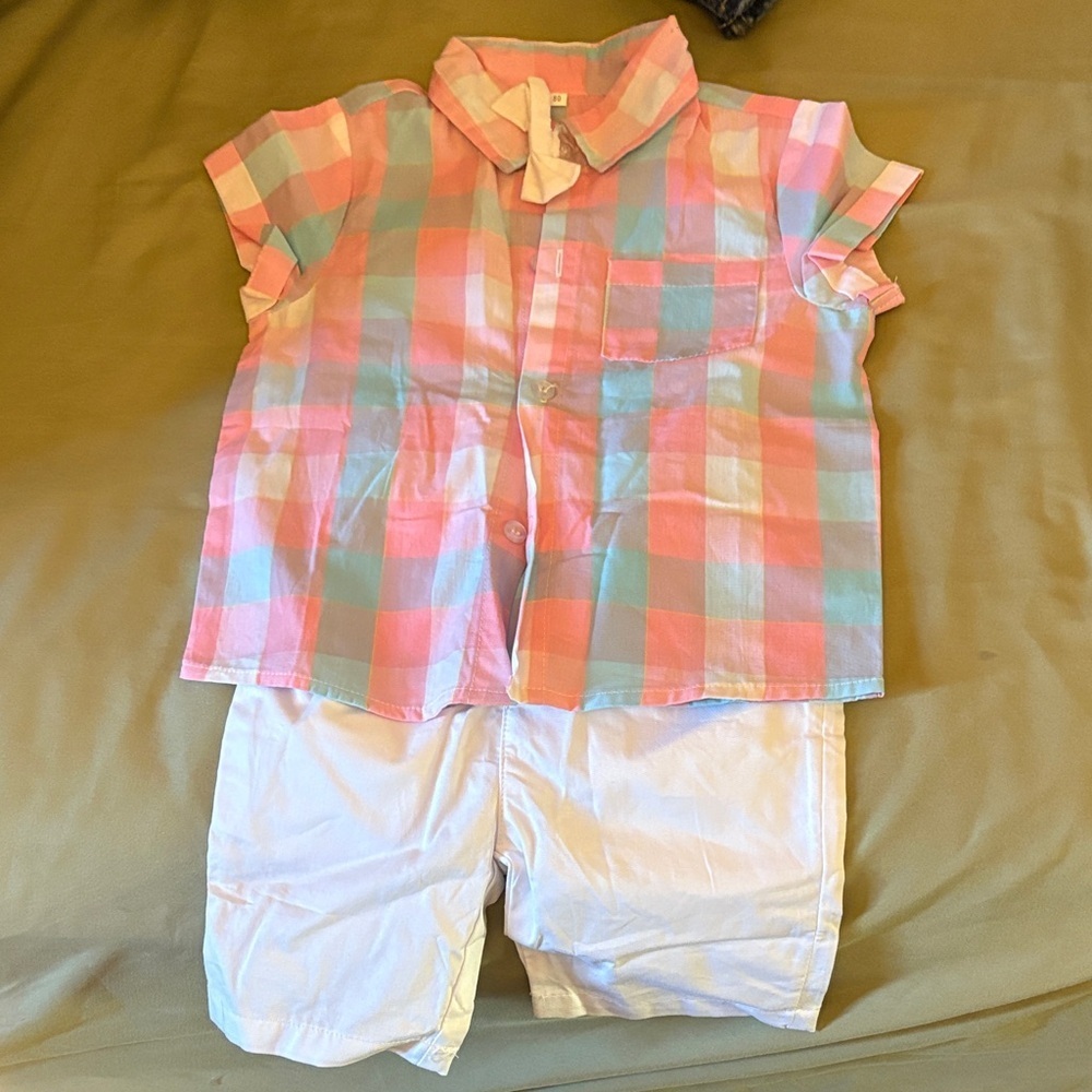 Kids Pastel Plaid Shirt and White Shorts Set - Picture 2 of 2